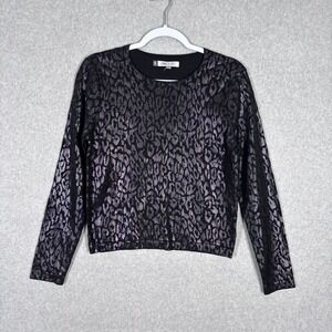 Metallic Leopard Print‎ Crop Top Medium Purple Black Sweater Knit Glam Goth Rave